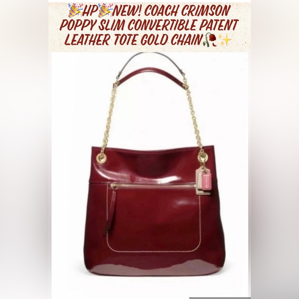 🎉HP🎉New! Coach Crimson Poppy Slim Convertible Patent Leather Tote Gold Chain🥀 - Picture 15 of 15